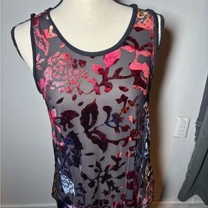 Desigual Sleeves Sheer Black And Red Velvet Floral Design in Burgundy